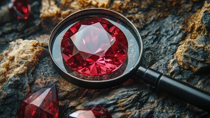 High-quality ruby placed under a magnifying glass for gem clarity evaluation.