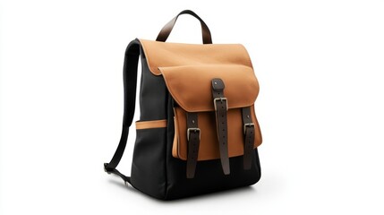 Minimalist brown and black backpack on a white background, showcasing a stylish and functional design with multiple compartments and durable material for travel, work, and everyday use in a clean fron