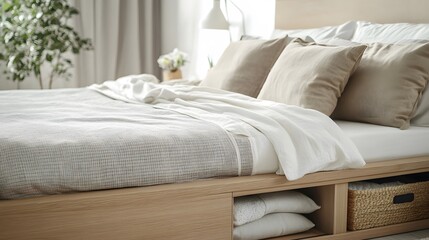 A contemporary low-profile platform bed with integrated storage drawers, featuring modern bedding, on an isolate background