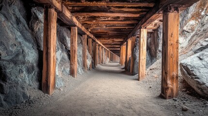 Fototapeta premium Historic gemstone mining tunnel with old wooden beams supporting rocky walls.