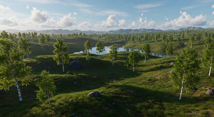 Serene Birch Forest Landscape Rolling Hills Lake Trees Nature Spring Summer Sunlight Scenery Meadow