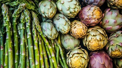 Fototapeta premium Green Asparagus and Purple Artichokes Close Up Description of the