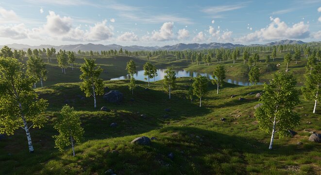 Serene Birch Forest Landscape Rolling Hills Lake Trees Nature Spring Summer Sunlight Scenery Meadow