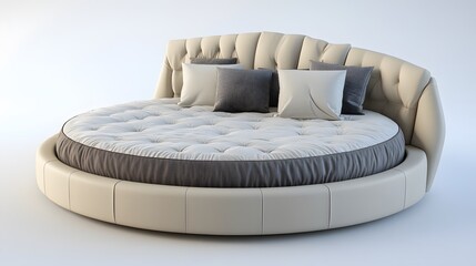 A round bed with a stylish circular mattress, sleek leather upholstery, and matching pillows, on an isolate background