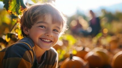 Happy Child Smiling Amidst Pumpkins In Autumn Field