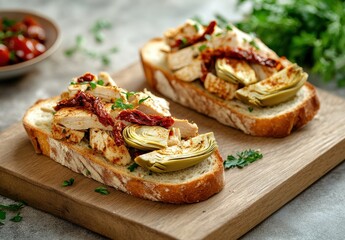Delicious open-faced sandwich featuring grilled chicken, artichokes, sun-dried tomatoes, and fresh herbs on rustic wooden surface with garnishes