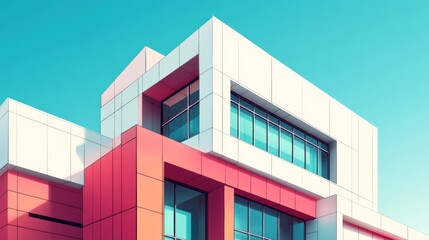 Modern architectural design featuring geometric shapes and large glass windows against a blue sky.