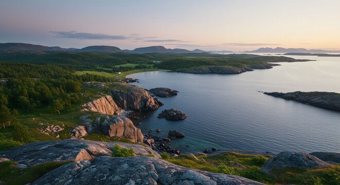Serene Coastal Sunset Rocky Coastline Ocean View Island Landscape