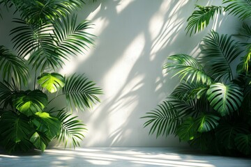 Fototapeta premium Tropical Lush Plants Against a Light Wall