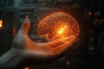 A hand holds a glowing, intricate brain composed of vibrant light patterns, set against a dark, high-tech backdrop, conveying themes of intelligence and creativity