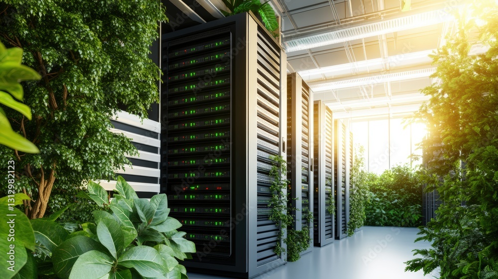 Poster modern server installed in a room showcasing the advanced technology of data centers for efficient d