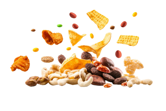 Pile of assorted snacks including nuts, chips, and crackers, isolated