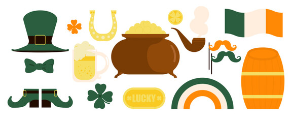 Saint Patrick's day stickers set. Ireland holiday lucky item, fortune symbols, pot gold coin, clover, horseshoe, beer party. Flat Vector illustration isolated on white background.