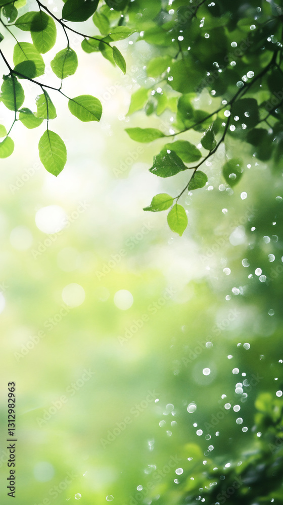 Leinwandbilder green leaves on branches with fresh rain falling in a bokeh background during a sunny spring day