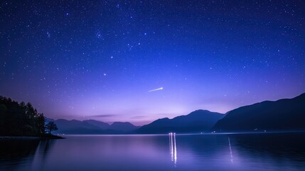 Serene Night Sky Over a Calm Lake Surrounded by Majestic Mountains Under a Twilight Glow
