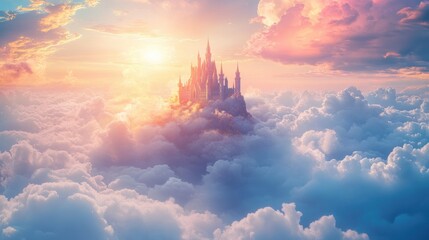Dreamy castle in the clouds at sunrise with vibrant colors and ethereal atmosphere, fantasy landscape