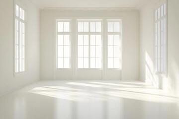 A bright, spacious room features large windows allowing natural light to flood in, highlighting the minimalistic design and soft tones of the space