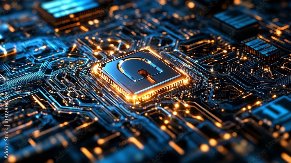 Poster abstract digital security chip technology golden unlock padlock circuit board technology background 