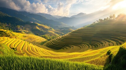 Lush Green Terraced Rice Fields Under Golden Sunlight in Majestic Mountain Landscape