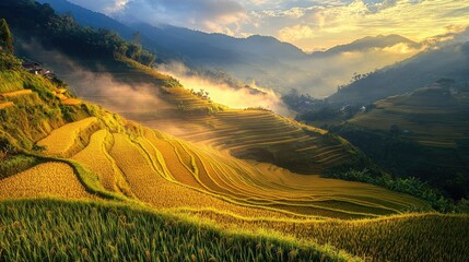 Lush Golden Rice Terraces Under Soft Morning Light with Scenic Mountain Background and Misty Horizon in a Peaceful Landscape