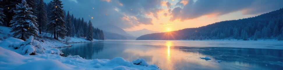 Fototapeta premium Frozen lake with golden stars and trees surrounding it, frozen terrain, icy surface