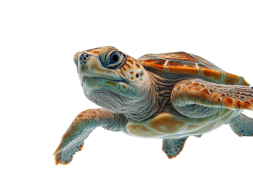 Close-up of a green sea turtle swimming gracefully in clear water during a sunny day in a tropical ocean environment