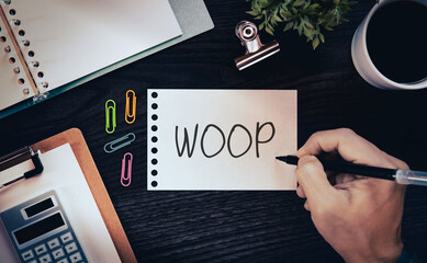 There is sticky note with the word WOOP. It is an abbreviation for Wish, Outcome, Obstacle, Plan as...