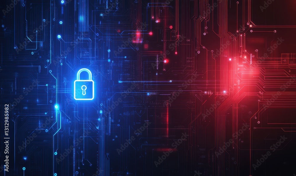 Poster digital security concept with lock icon and glowing circuit patterns representing cyber protection a