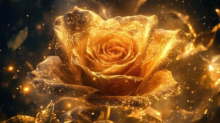 Golden Rose with Sparkling Glitter Effects, Elegant Floral Background, Artistic Flower Design, Romantic, Magical Vibe