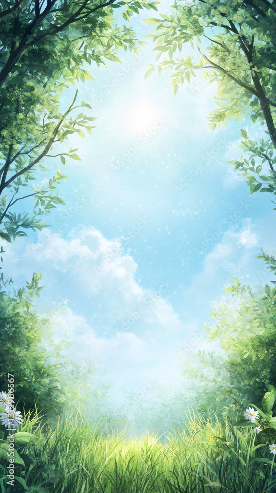 Poster lush green meadow with grass and flowers growing under partially cloudy sunny sky with tree branches
