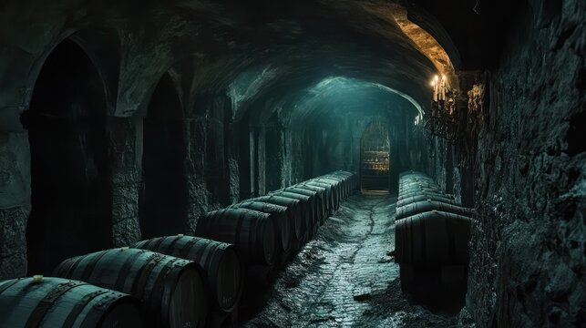 Dark cellar, wine barrels, stone walls, mystery.  Use  Wine industry marketing