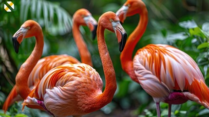 Fototapeta premium A group of vibrant flamingos amidst lush greenery, showcasing their striking colors and elegance.