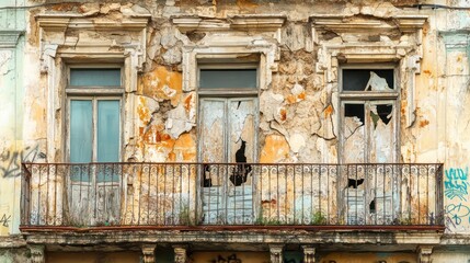 Decaying building facade, urban decay, broken windows, balcony, graffiti