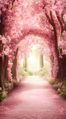 Obraz premium Delicate pink cherry blossoms carpeting forest pathway, framing scenic woodland arch during spring flowering season