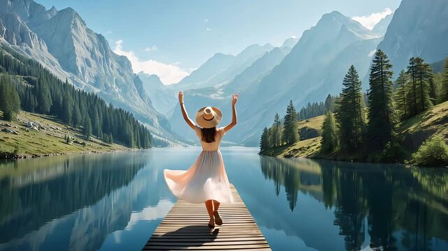 Young woman practicing yoga on a wooden dock surrounded by a serene mountain lake landscape

