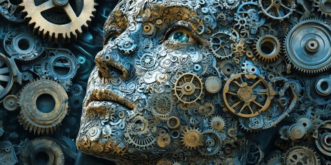 A human face is made up from metal gears and cogs