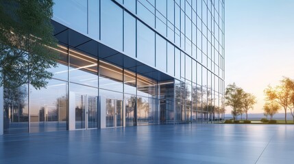 Modern glass building entrance with landscaped surroundings at sunset.
