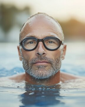 A mature man with glasses swimming in a pool, water droplets on his face, looking confidently at the camera.