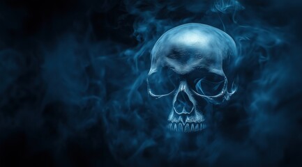 Fototapeta premium A detailed skull surrounded by swirling blue smoke against a dark background.