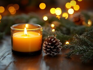 A lit candle and pinecone rests with decorative greenery
