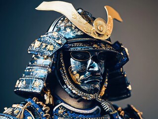 Intricate Samurai Armor: A detailed view of dark blue armor adorned with gold accents, showcasing exquisite craftsmanship and historical significance.