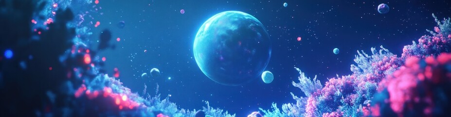 Fototapeta premium Vibrant cosmic landscape with a glowing planet and colorful nebulae.