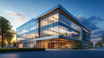 Fototapeta premium Modern glass office building with a sleek design and surrounding greenery at sunset.