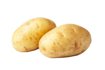 Two large potatoes are sitting on a white background, isolated