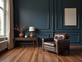 Modern interior of living room with leather armchair on wood flooring and dark blue wall	modern living room with sofa