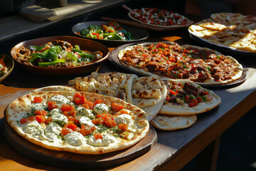 Fototapeta premium Authentic Turkish Feast: Shawarma, Pizza & More on Rustic Wooden Tables in an Outdoor Setting