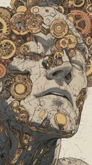 The illustration depicts a mechanical person with clockwork features