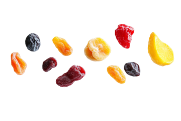 Bunch of dried fruit, including raisins, dried cranberries, and dried apricots, isolated