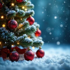Obraz premium Icy snowflakes falling around the base of a decorated Christmas tree, , snowflakes, bells