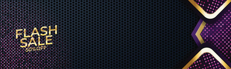 Flash sale announcement; dark grid backdrop; 50% off; purple accents